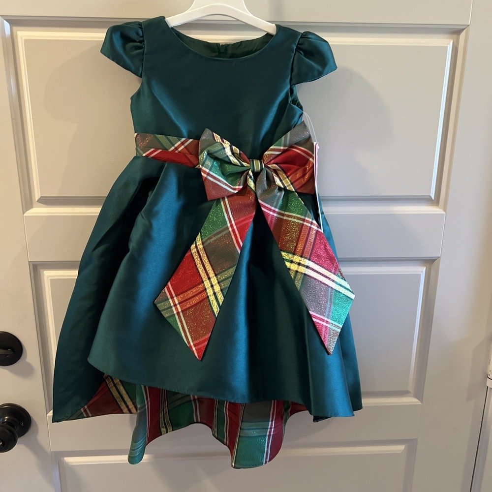 Christmas Dress Girls 2T Plaid Bow Lining High Low Length Zipper Satin Belted